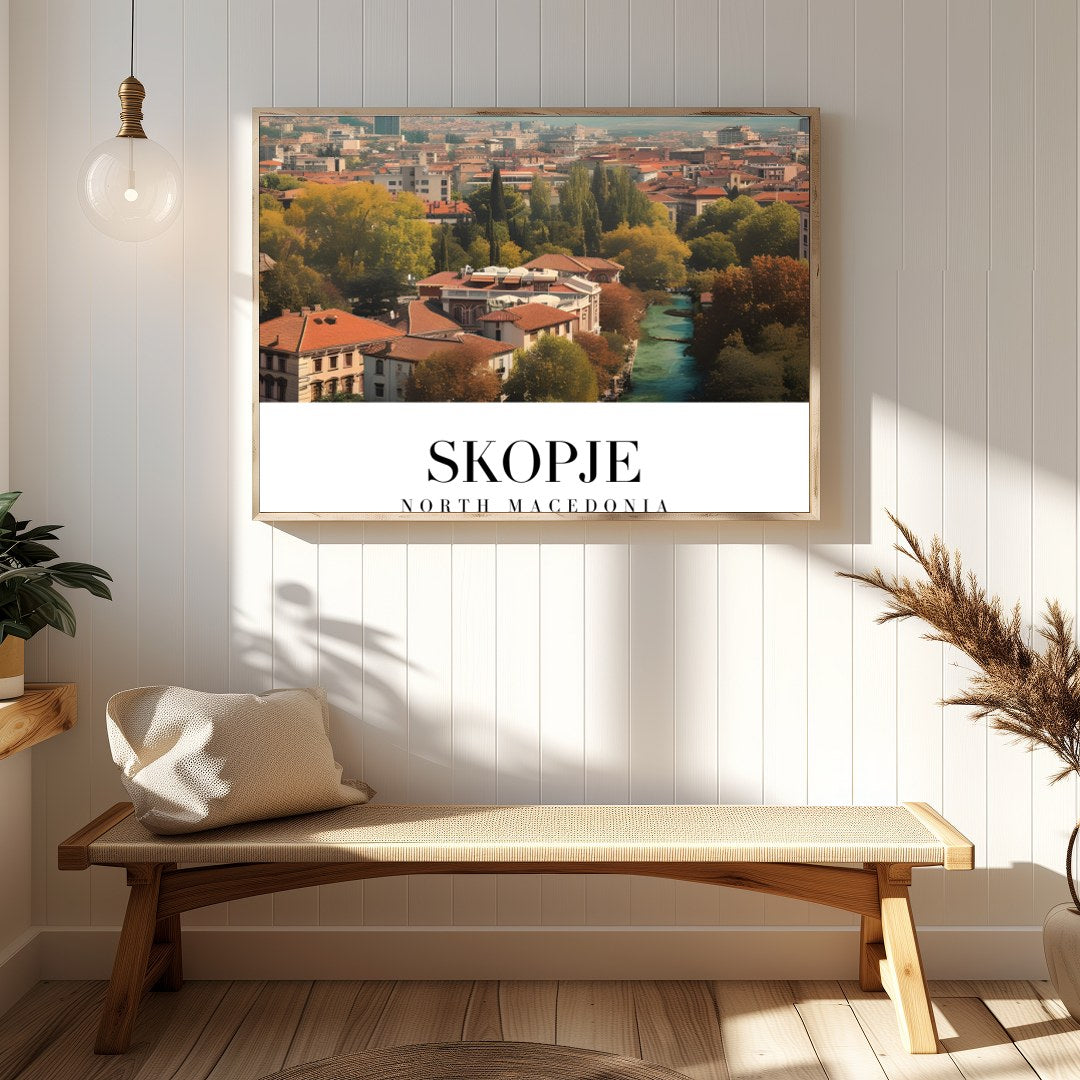 Capture the vibrant essence of Skopje with this stunning artwork depicting the city's architectural for Hallway