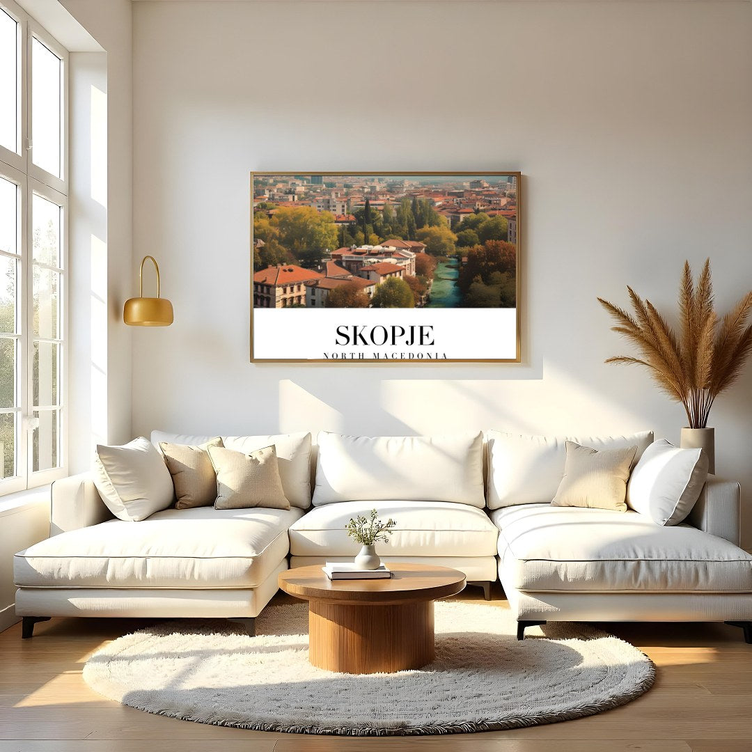 Capture the vibrant essence of Skopje with this stunning artwork depicting the city's architectural for Living Room