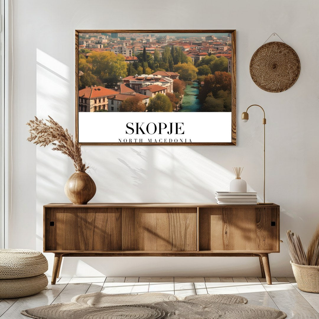 Capture the vibrant essence of Skopje with this stunning artwork depicting the city's architectural for Sitting Area