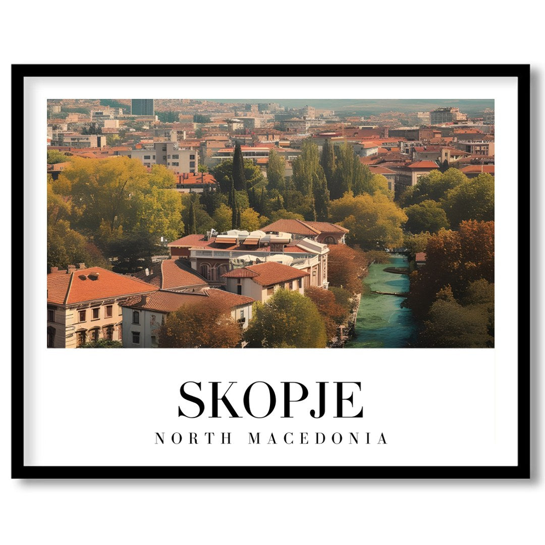 Capture the vibrant essence of Skopje with this stunning artwork depicting the city's architectural for sweet-home