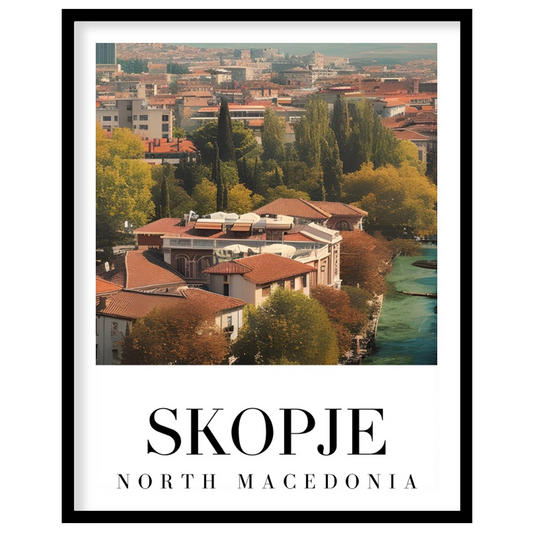 Capture the vibrant essence of Skopje with this stunning artwork depicting the city's architectural for sweet-home