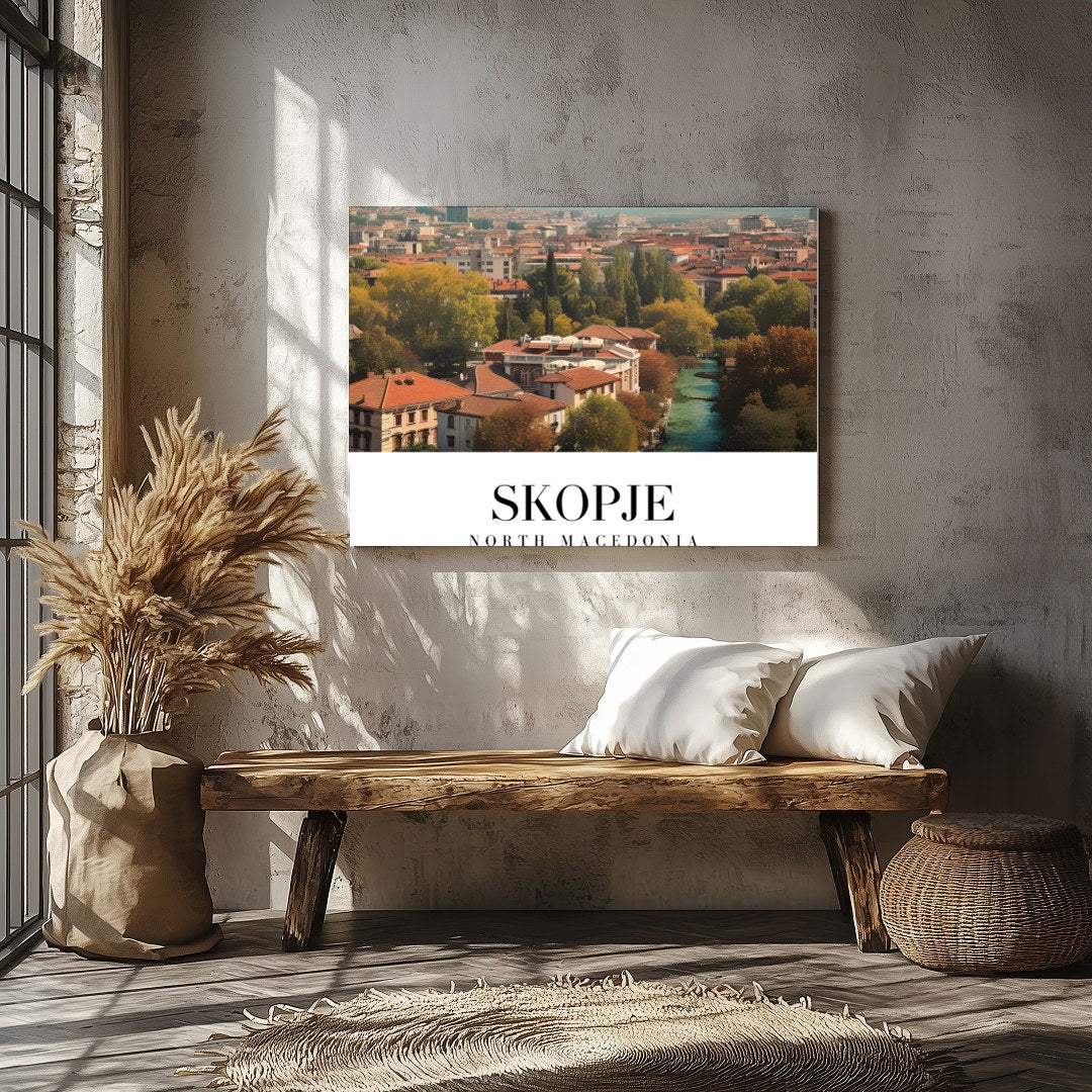 Capture the vibrant essence of Skopje with this stunning artwork depicting the city's architectural for Veranda