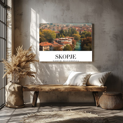 Capture the vibrant essence of Skopje with this stunning artwork depicting the city's architectural for Veranda