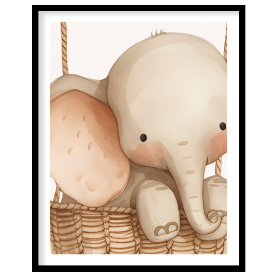 This delightful poster captures a heartwarming scene of a baby elephant nestled in a wicker basket,… for home