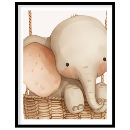 This delightful poster captures a heartwarming scene of a baby elephant nestled in a wicker basket,… for home