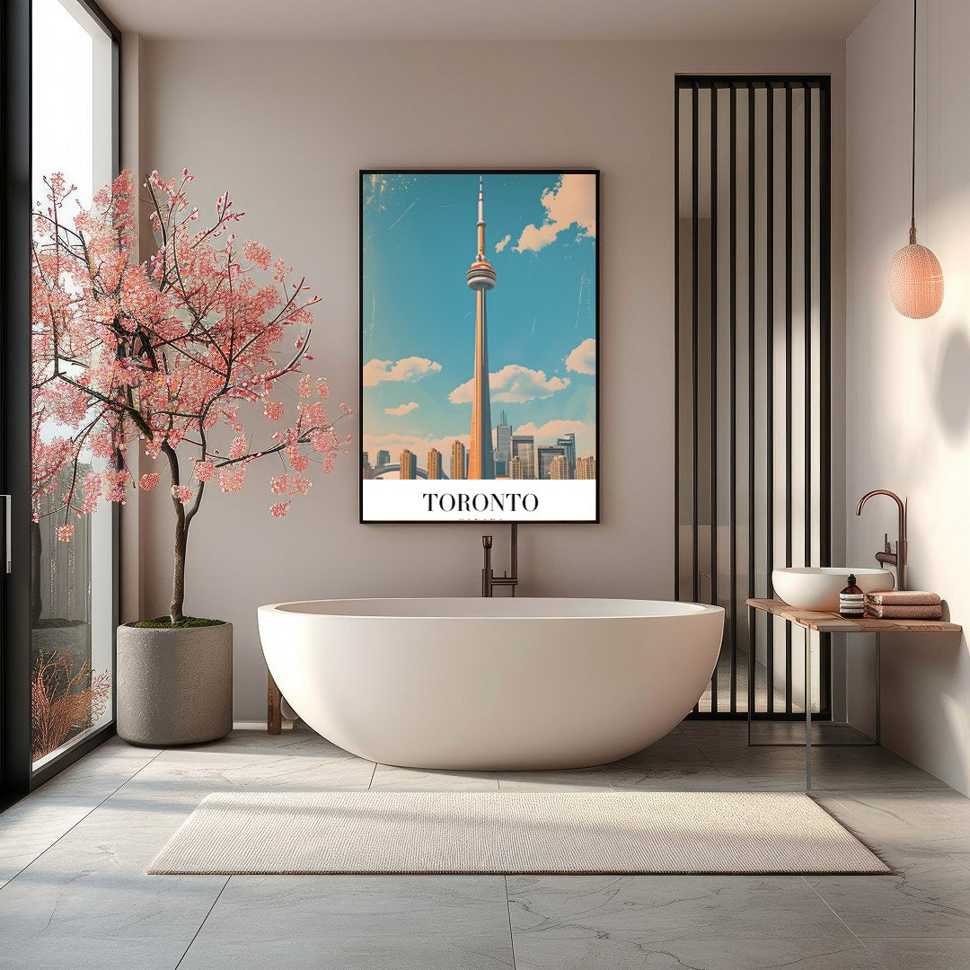 Capture the essence of Toronto with this stunning artwork featuring its iconic skyline and the for Bathroom