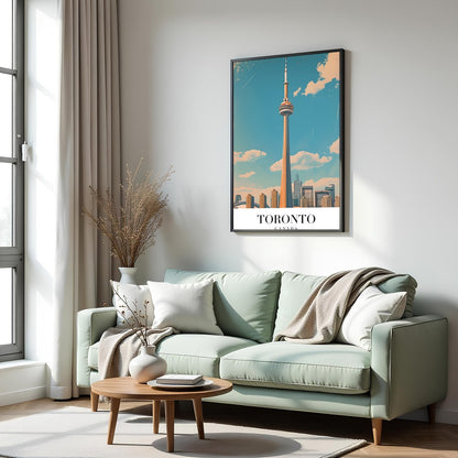 Capture the essence of Toronto with this stunning artwork featuring its iconic skyline and the for Hall