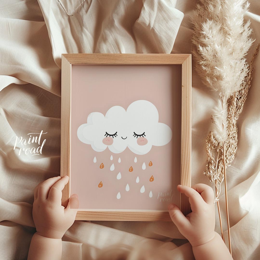 This soft and sweet illustration features a serene white cloud with closed eyes and blush pink chee… for nursery