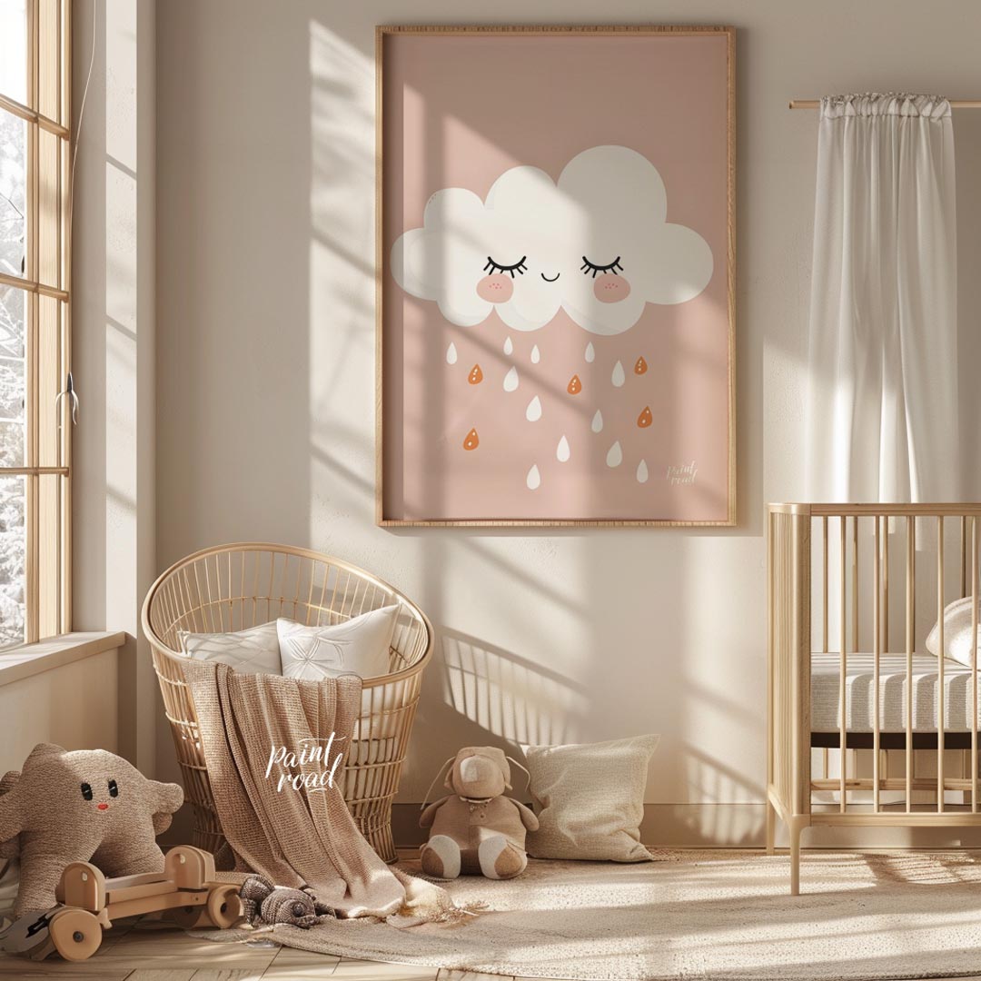 This soft and sweet illustration features a serene white cloud with closed eyes and blush pink chee… for nursery