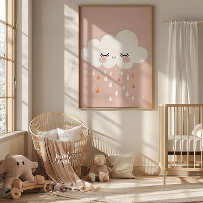 This soft and sweet illustration features a serene white cloud with closed eyes and blush pink chee… for nursery