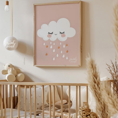 This soft and sweet illustration features a serene white cloud with closed eyes and blush pink chee… for nursery