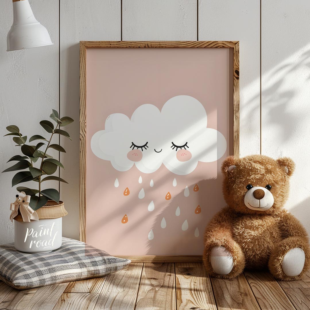 This soft and sweet illustration features a serene white cloud with closed eyes and blush pink chee… for nursery