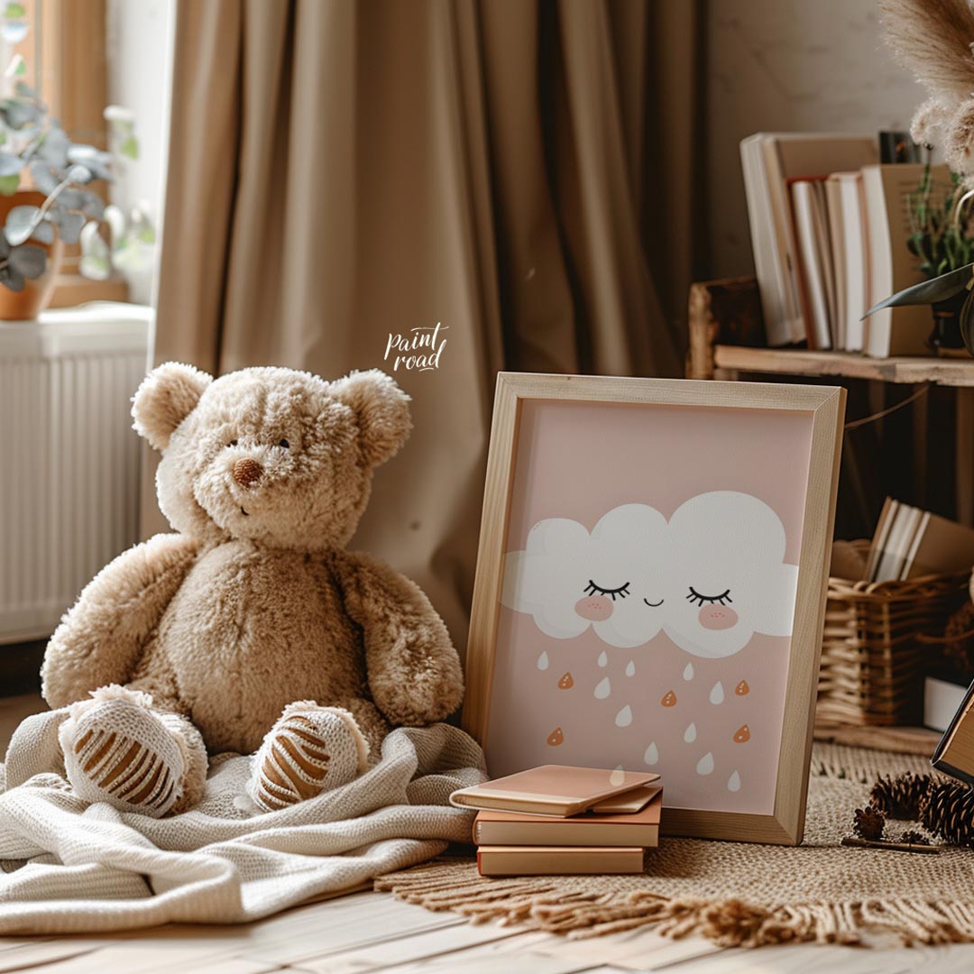 This soft and sweet illustration features a serene white cloud with closed eyes and blush pink chee… for nursery