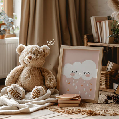 This soft and sweet illustration features a serene white cloud with closed eyes and blush pink chee… for nursery