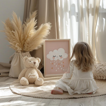 This soft and sweet illustration features a serene white cloud with closed eyes and blush pink chee… for nursery