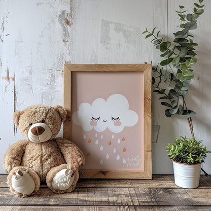 This soft and sweet illustration features a serene white cloud with closed eyes and blush pink chee… for nursery