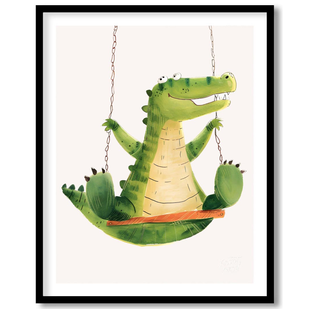 This vibrant and humorous illustration showcases a cheerful green crocodile enjoying a ride on a wo… for lovely house
