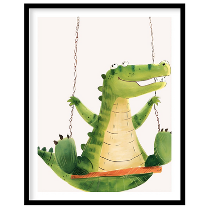 This vibrant and humorous illustration showcases a cheerful green crocodile enjoying a ride on a wo… for lovely house