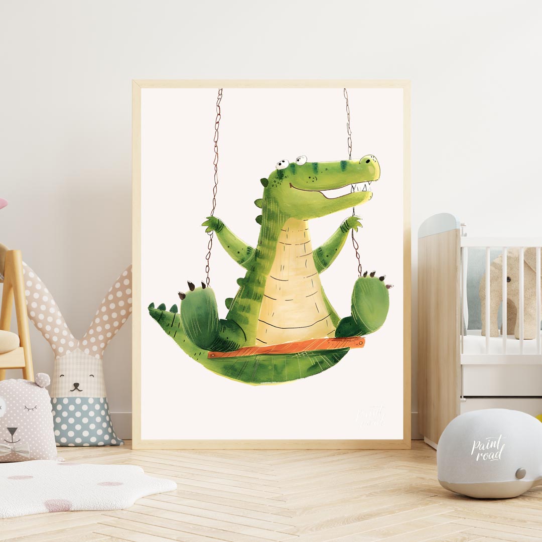 This vibrant and humorous illustration showcases a cheerful green crocodile enjoying a ride on a wo… for nursery