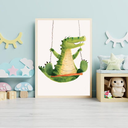 This vibrant and humorous illustration showcases a cheerful green crocodile enjoying a ride on a wo… for nursery