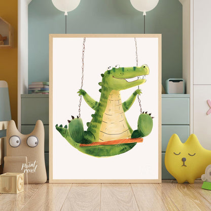 This vibrant and humorous illustration showcases a cheerful green crocodile enjoying a ride on a wo… for nursery
