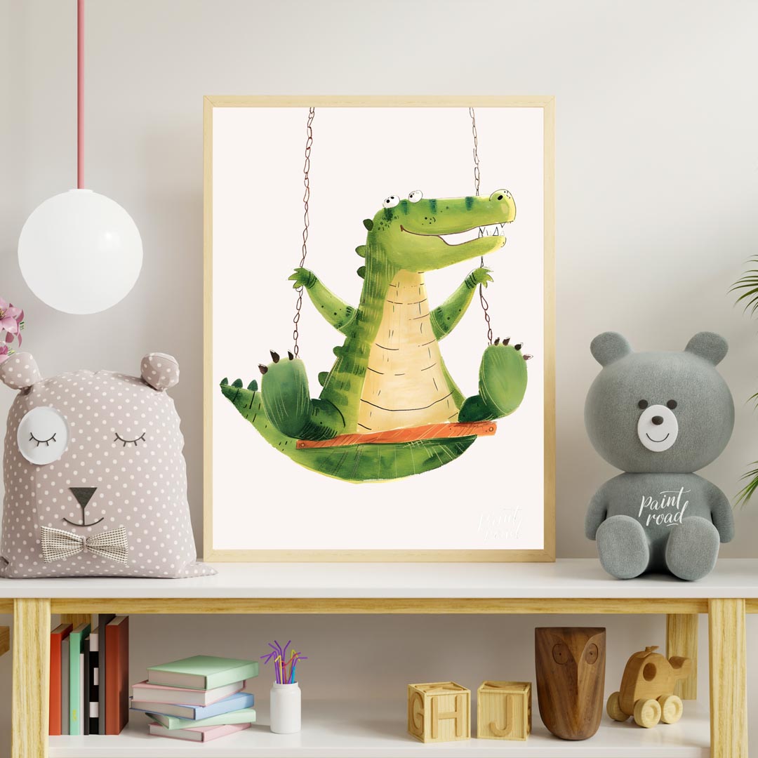 This vibrant and humorous illustration showcases a cheerful green crocodile enjoying a ride on a wo… for nursery
