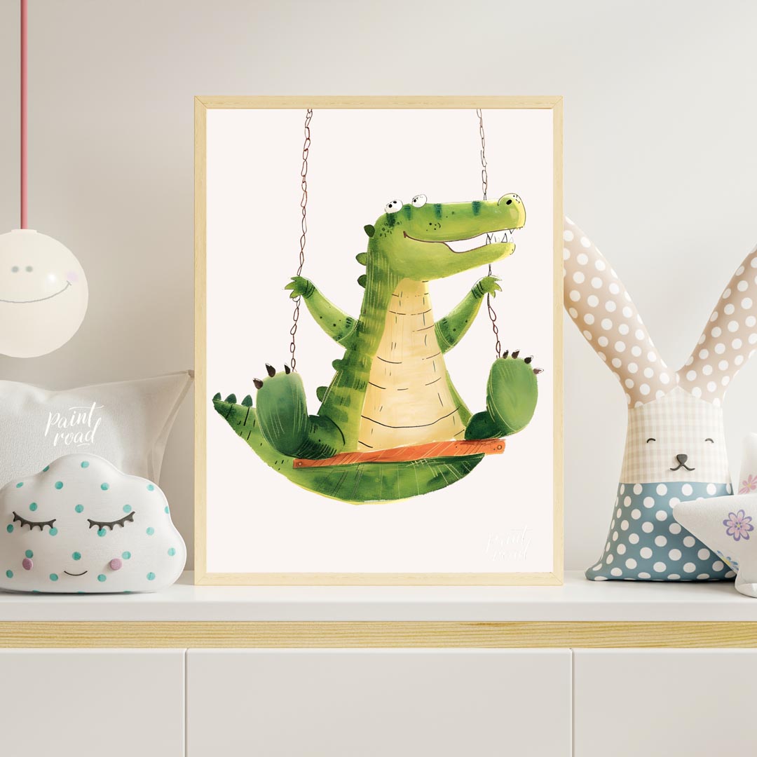 This vibrant and humorous illustration showcases a cheerful green crocodile enjoying a ride on a wo… for nursery