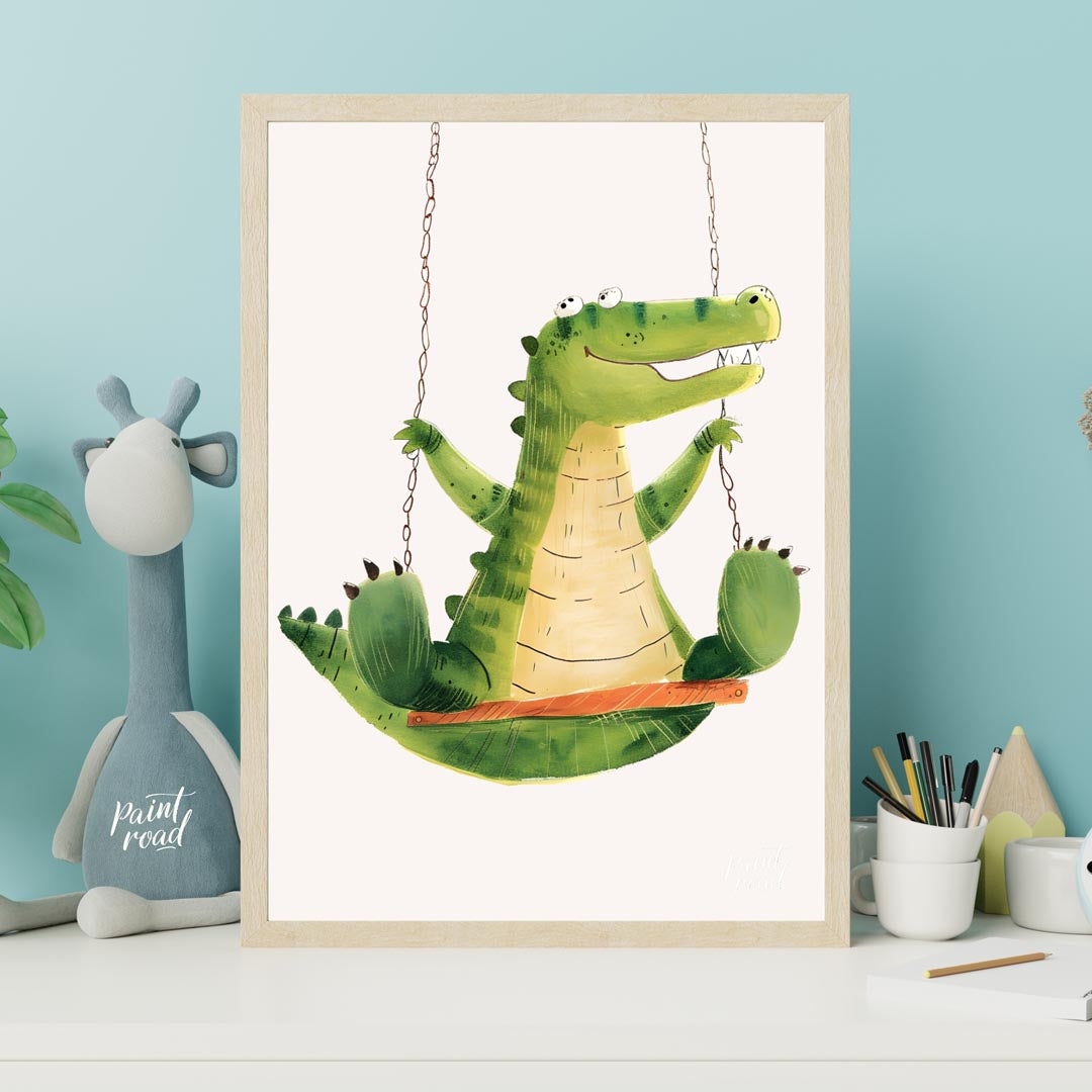 This vibrant and humorous illustration showcases a cheerful green crocodile enjoying a ride on a wo… for nursery