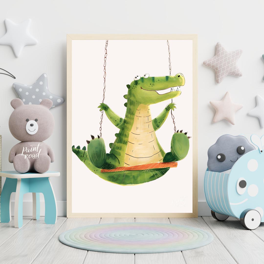 This vibrant and humorous illustration showcases a cheerful green crocodile enjoying a ride on a wo… for nursery