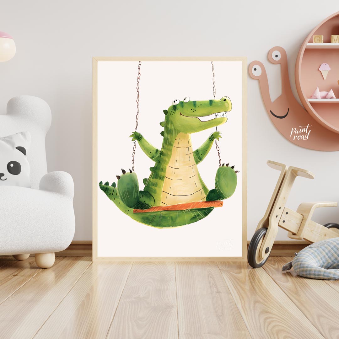This vibrant and humorous illustration showcases a cheerful green crocodile enjoying a ride on a wo… for nursery