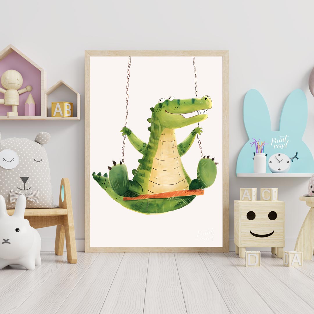 This vibrant and humorous illustration showcases a cheerful green crocodile enjoying a ride on a wo… for nursery