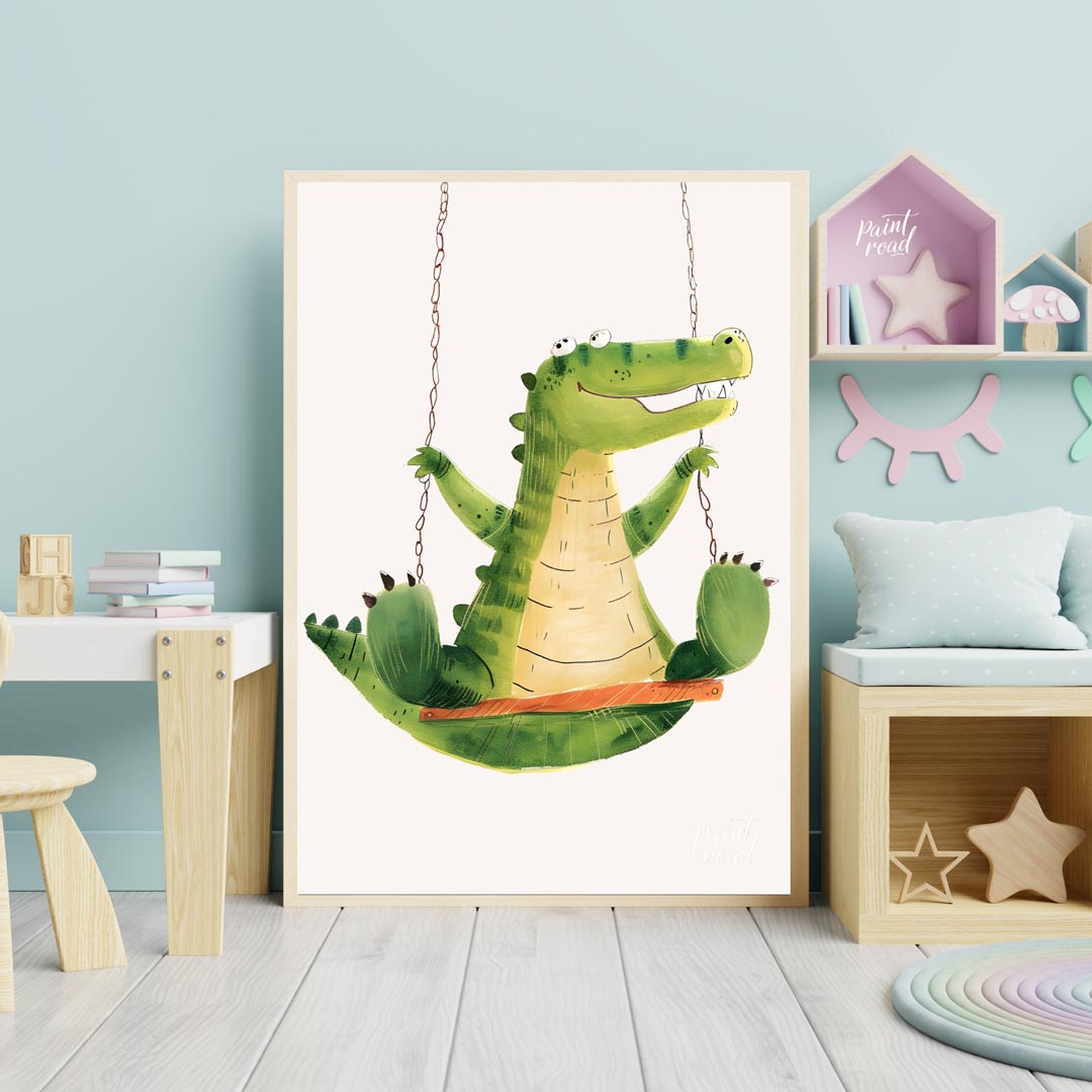 This vibrant and humorous illustration showcases a cheerful green crocodile enjoying a ride on a wo… for nursery
