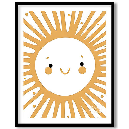 This cheerful illustration features a stylized sun with a smiling face, orange cheeks, and bright e… for house