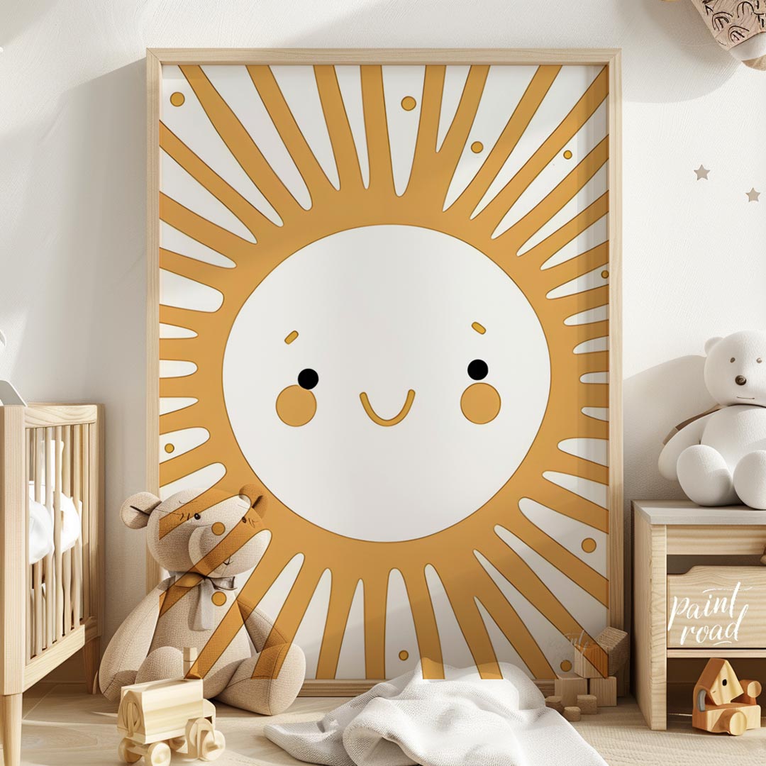 This cheerful illustration features a stylized sun with a smiling face, orange cheeks, and bright e… for nursery