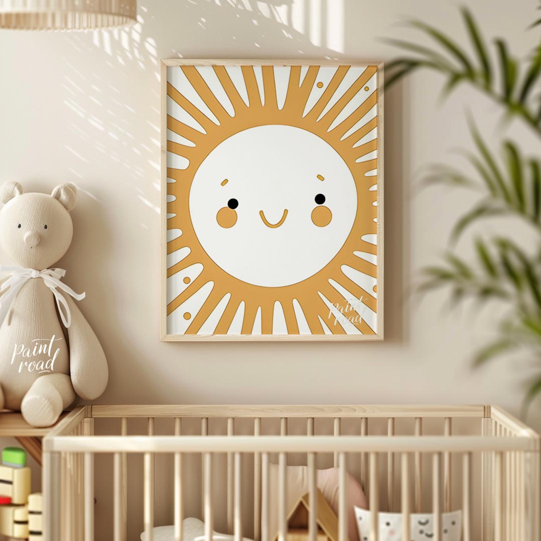 This cheerful illustration features a stylized sun with a smiling face, orange cheeks, and bright e… for nursery