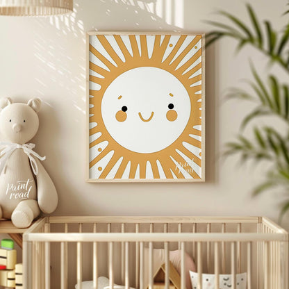 This cheerful illustration features a stylized sun with a smiling face, orange cheeks, and bright e… for nursery