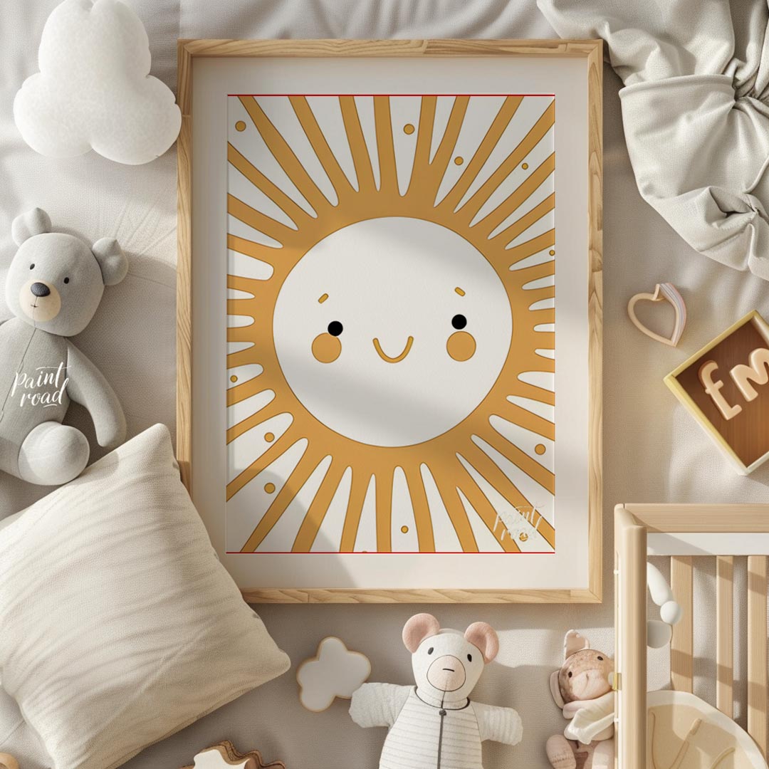 This cheerful illustration features a stylized sun with a smiling face, orange cheeks, and bright e… for nursery