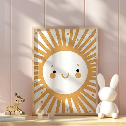 This cheerful illustration features a stylized sun with a smiling face, orange cheeks, and bright e… for nursery