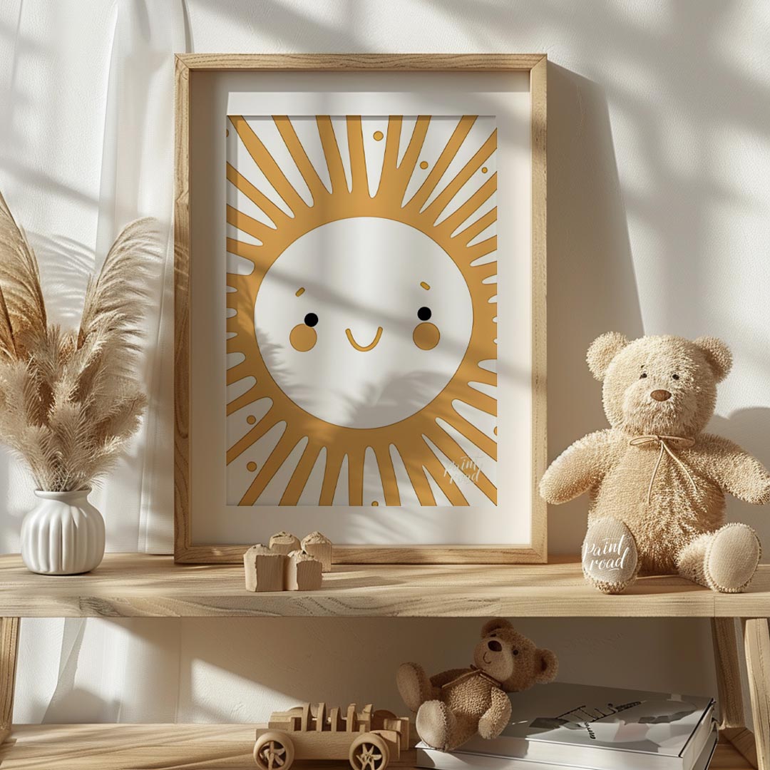 This cheerful illustration features a stylized sun with a smiling face, orange cheeks, and bright e… for nursery