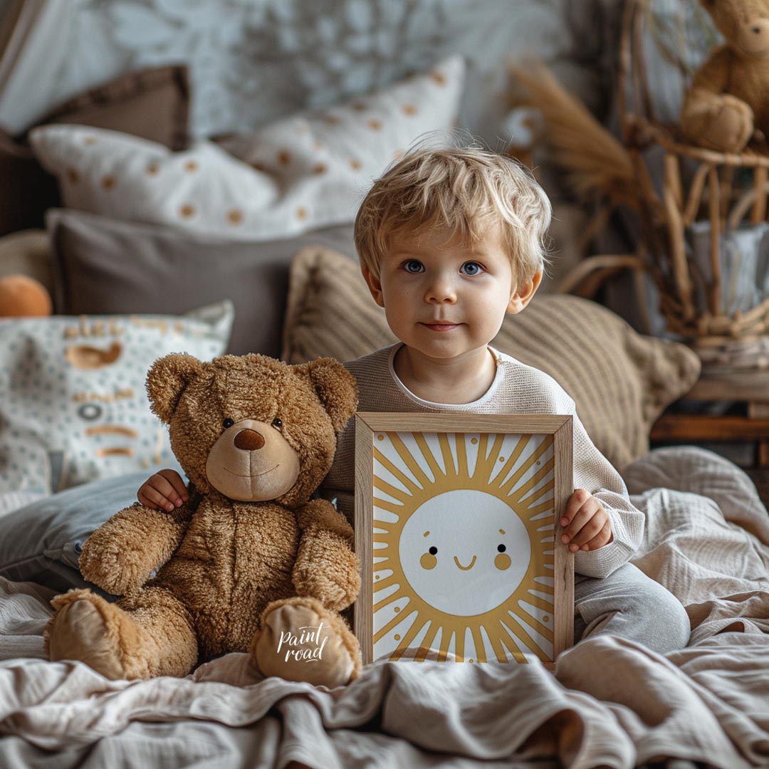 This cheerful illustration features a stylized sun with a smiling face, orange cheeks, and bright e… for nursery