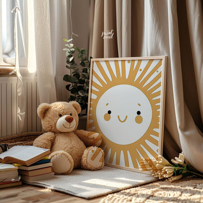 This cheerful illustration features a stylized sun with a smiling face, orange cheeks, and bright e… for nursery