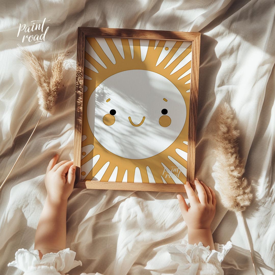 This cheerful illustration features a stylized sun with a smiling face, orange cheeks, and bright e… for nursery