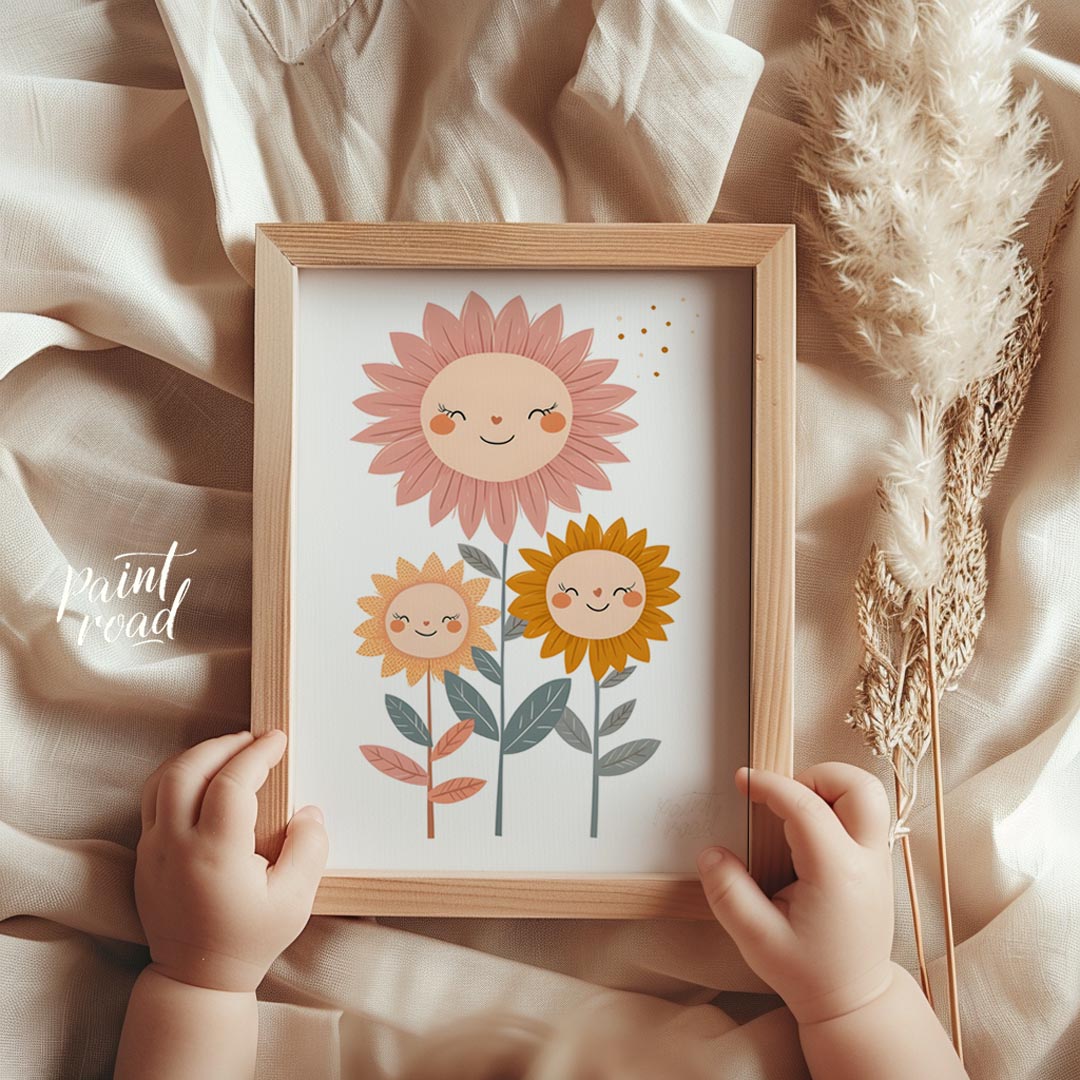This endearing poster features a trio of cheerful sunflowers—each with a delightful face—that bring… for nursery