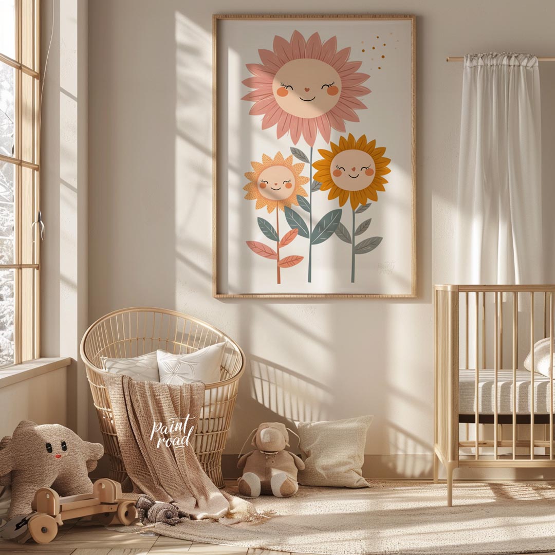 This endearing poster features a trio of cheerful sunflowers—each with a delightful face—that bring… for nursery