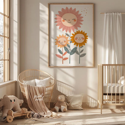 This endearing poster features a trio of cheerful sunflowers—each with a delightful face—that bring… for nursery