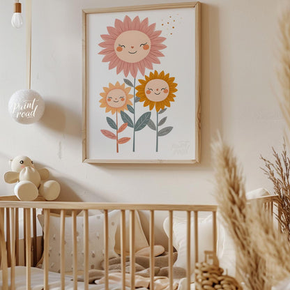 This endearing poster features a trio of cheerful sunflowers—each with a delightful face—that bring… for nursery