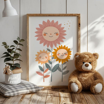 This endearing poster features a trio of cheerful sunflowers—each with a delightful face—that bring… for nursery