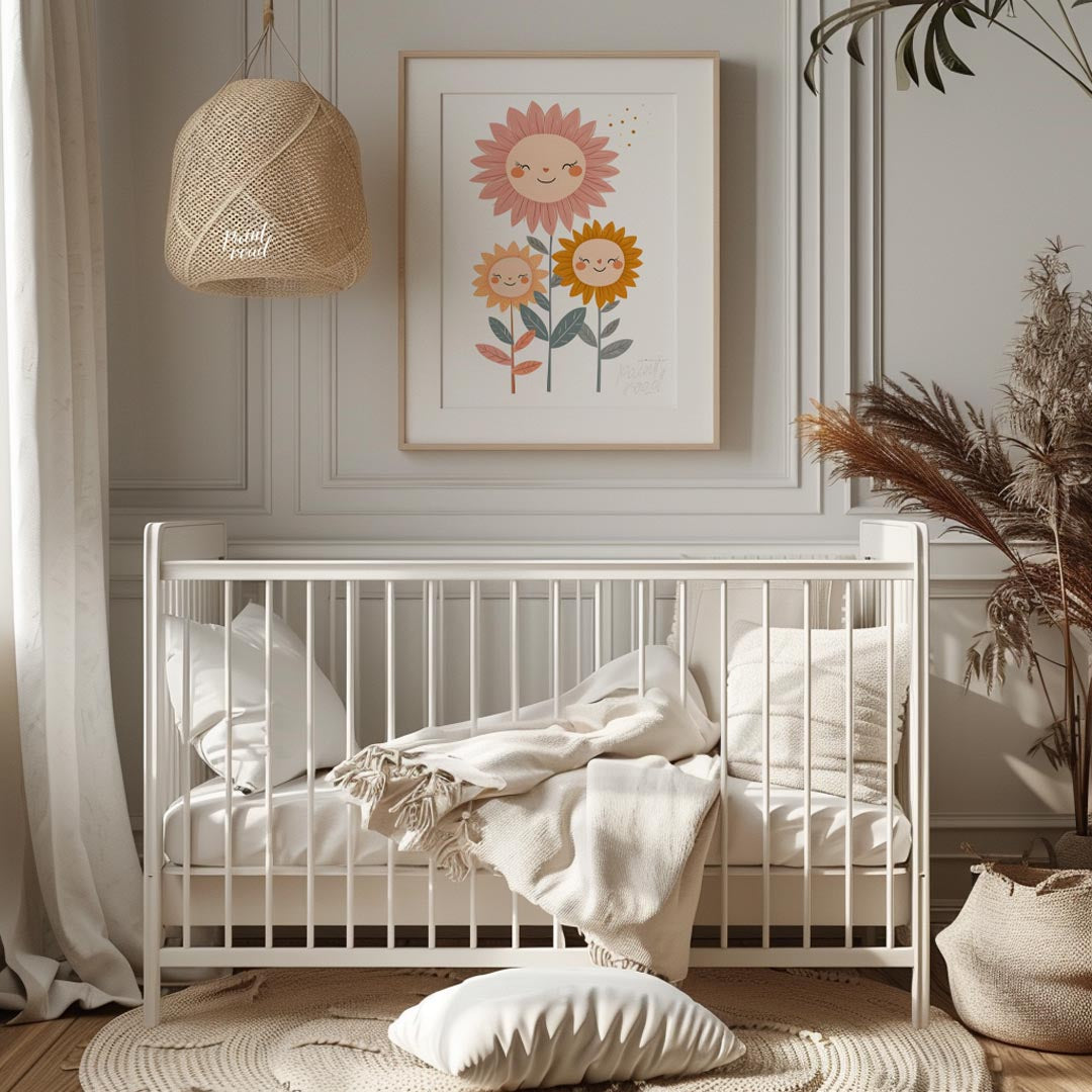 This endearing poster features a trio of cheerful sunflowers—each with a delightful face—that bring… for nursery