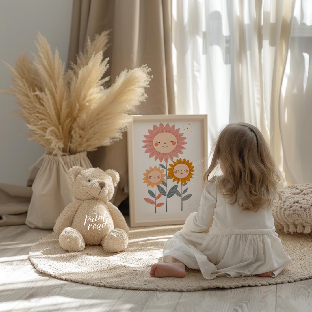 This endearing poster features a trio of cheerful sunflowers—each with a delightful face—that bring… for nursery