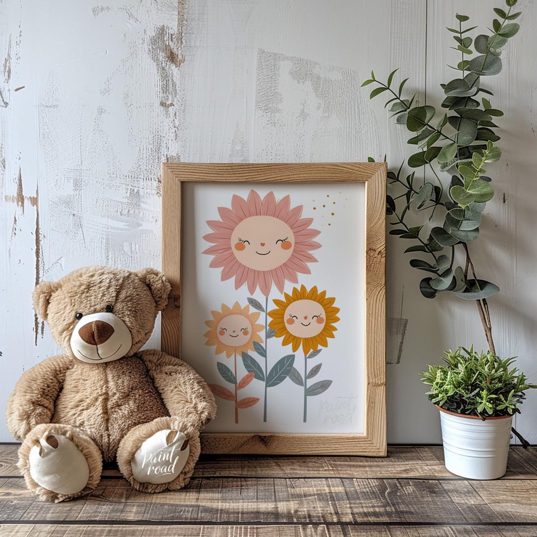 This endearing poster features a trio of cheerful sunflowers—each with a delightful face—that bring… for nursery